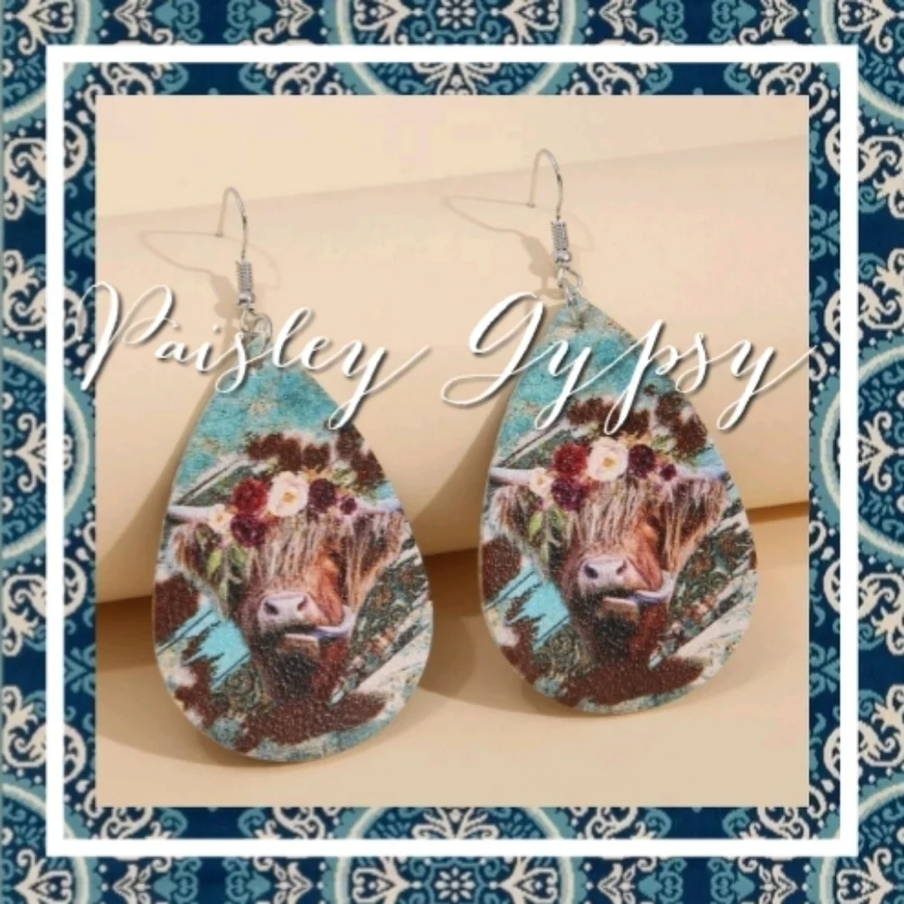 Boho Cow Design Tear Drop Dangling Earrings